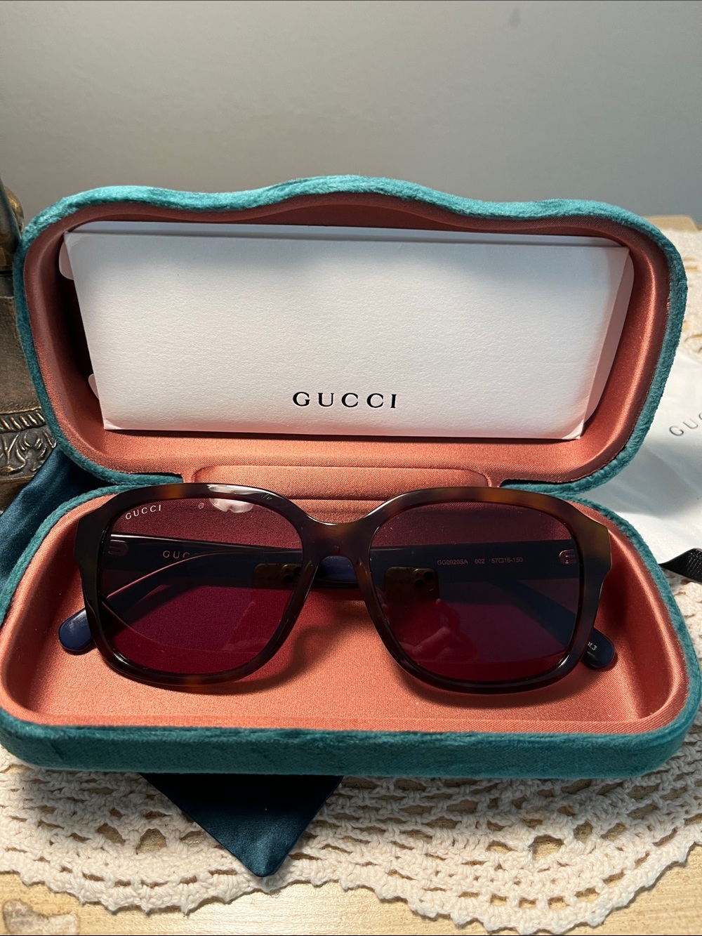Gucci Sunglasses and  Teal Velvet Case with Plush Finish